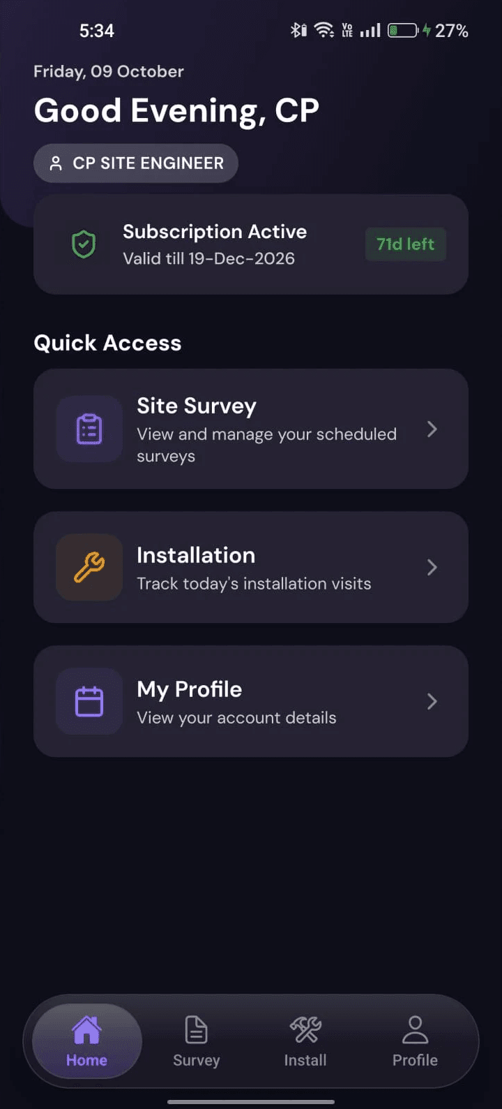 PVERP Channel Partner app — home with site survey and installation